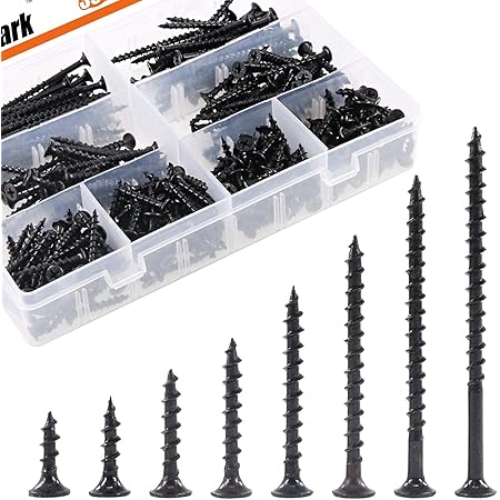 Rustark 390-Pcs #7 Coarse Thread Drywall Screw with Phillips Drive Black Oxide Finsh Bugle Head Wood Screws Assortment Kit Ideal for Drywall Sheetrock