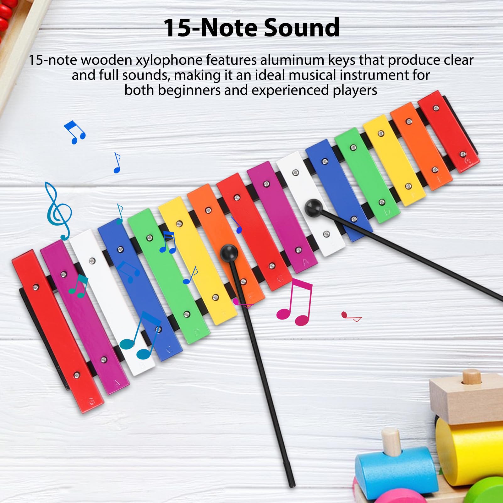 Buntes Xylophon-Glockenspiel mit 15 Tönen, Stabile Konstruktion, Klangstabilität für Kinder und Erwachsene, Musikinstrumente aus Kiefernholz/Aluminium