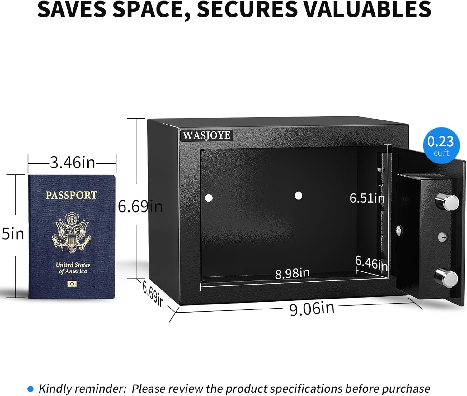 WASJOYE Home Small Safe Box - Key Lock Coffre Fort Steel High Security Safety Box, 0.23 Cubic Feet Steel Safes for Home/Office/Hotel, Small Hidden Safe Box for Money Cash Jewelry Medicine Passport