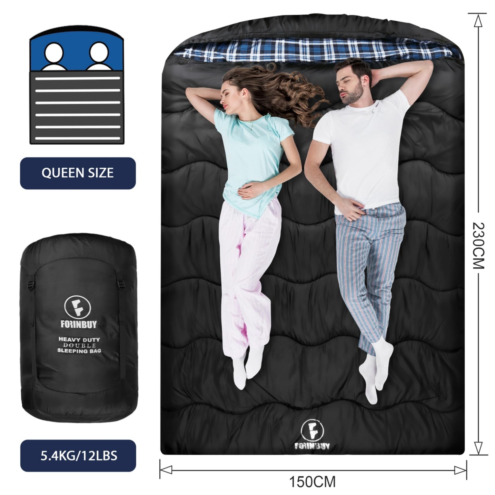Doppelschlafsack 2 Personen 230x150cm – Flanell-Deckenschlafsack | Weiches Flanell-Futter, wasserdichtes Außenmaterial, ideal für Camping, Wohnmobil &Festival, geräumig für 2, warm & kuschelig