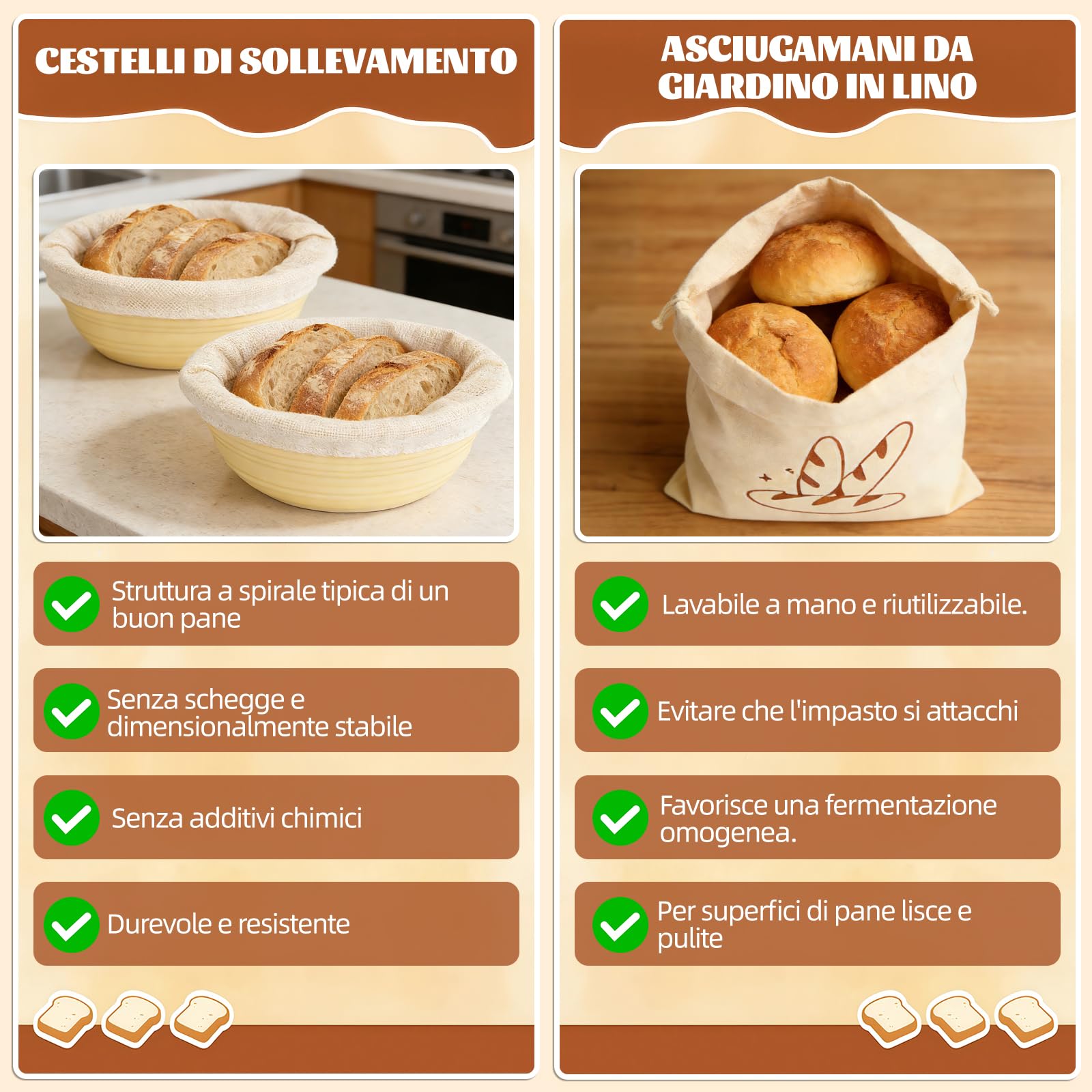 Set di 10 cestini per lievitazione naturale, 23 cm, rotondi e 25 cm, ovali, cestino per la lievitazione, per il pane, pieghevole, con raschietto per impasto, per il pane, per la fermentazione e altro