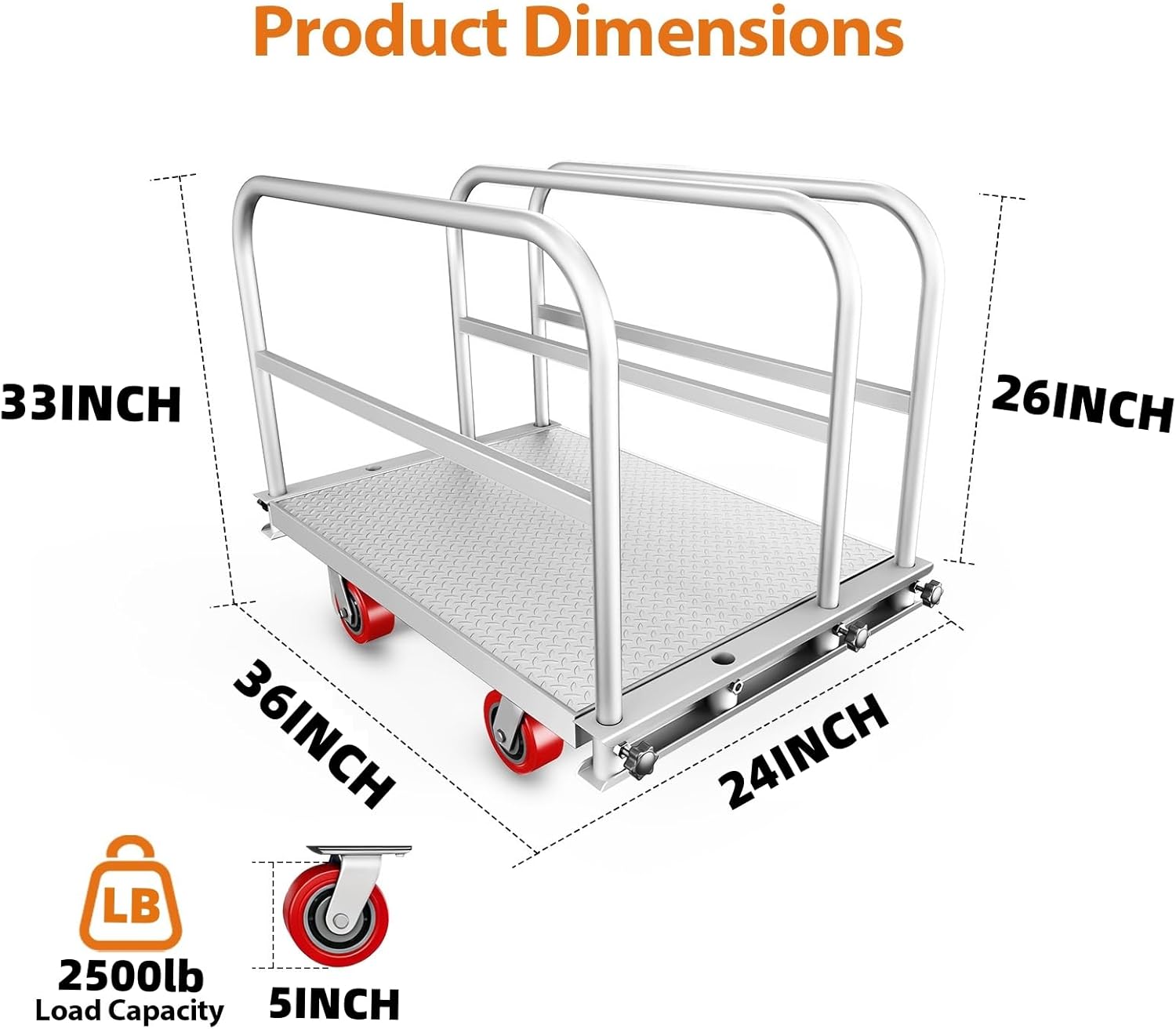 Steel Panel Truck Cart, Platform Truck, Heavy Duty Lumber Drywall Dolly, Flatbed with 2500 lbs Capacity and 4 Swivel Casters, 36x24inch Steel Board with 3 Side Handrails