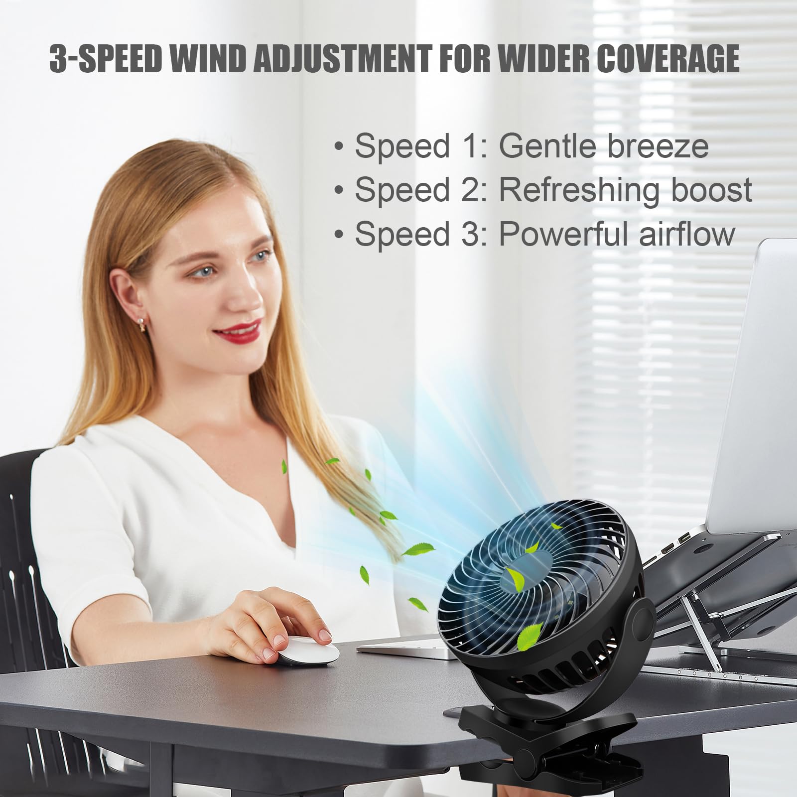 8000mAh Mini USB Ventilator Akku,Tischventilator mit Clip,3-Gang ventilator kinderwagen mit LED-Nachtlicht &Fernbedienung,360° Rotation, Aufladbar Batterie Portable Table Fan Mini Ventilator