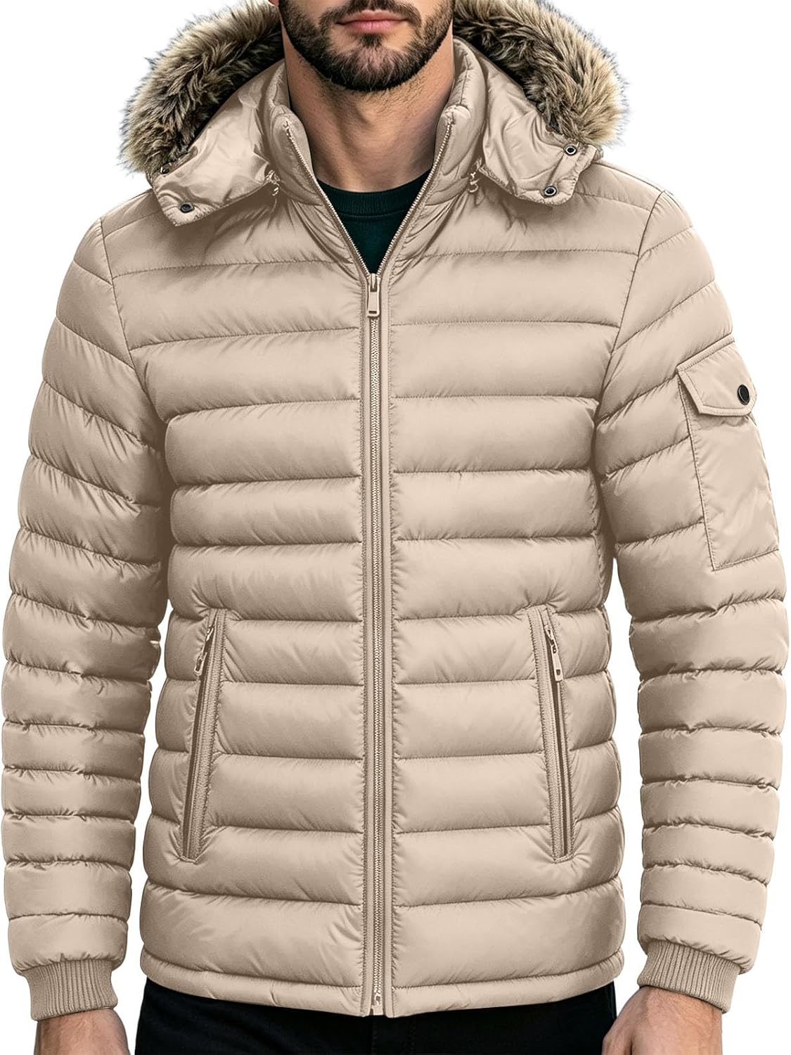 Men's Zip-Off Fur Hood Quilted Puffer Jacket Warm Winter Outer Coat