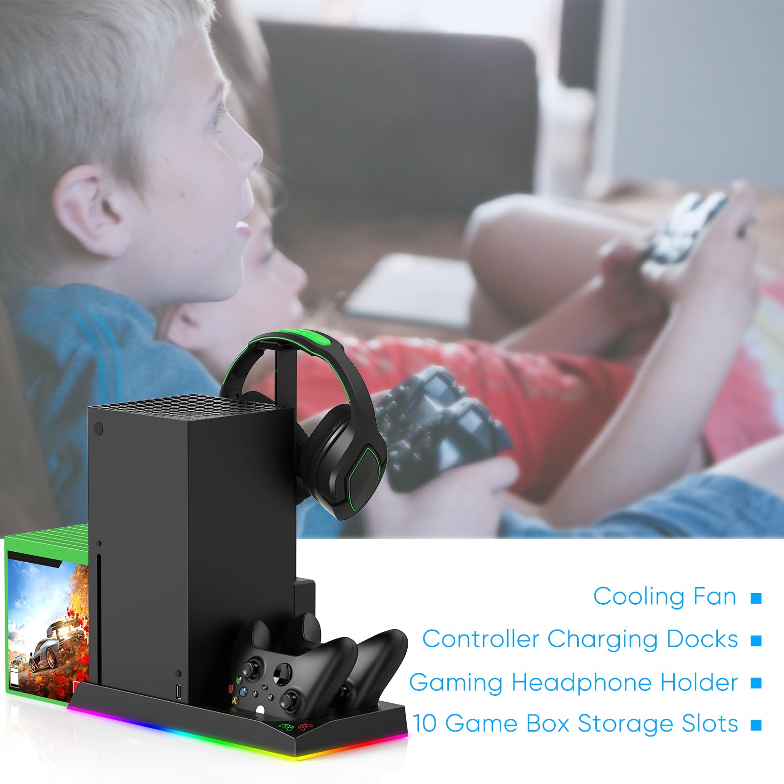 FYOUNG Soporte de refrigeración y estación de Carga mejorados para Consola Xbox Series X y Controlador, Sistema de refrigeración de Ventilador con 15 Luces RGB y 2 baterías Recargables de 1400 mAh