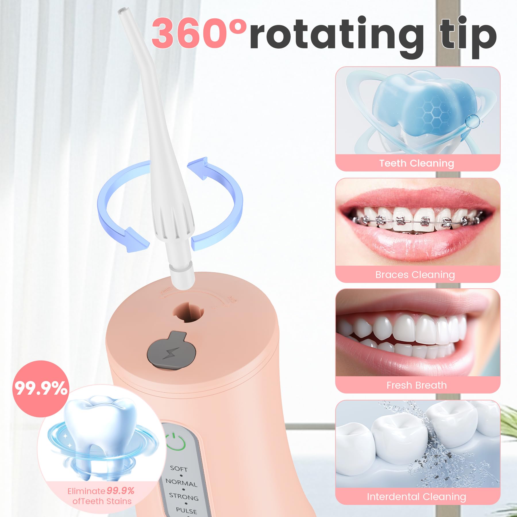 Hydropulseur sans fil pour nettoyage des dents – Irrigateur dentaire électrique avec 4 modes de nettoyage et 8 embouts de jet, étanche IPX7, design portable rechargeable pour une utilisation à la