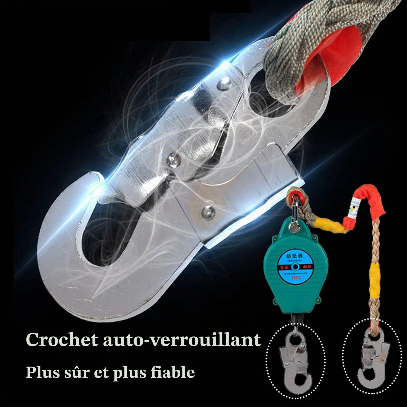 Antichute a Rappel Automatique Sangle, Dispositif Antichute Rétractable, Fall Restraint Device pour Toiture, Antichute Mobile, Stop Chute+Crochet, 5m/10m/15m/20m
