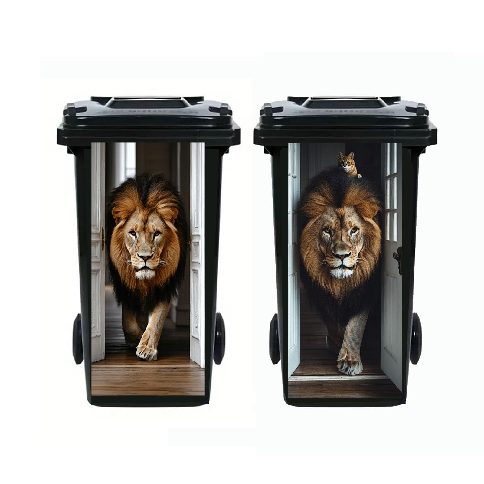 Nouiroy 2Pcs Donkey Dustbin Sticker Decals,14.57×32.28in Raccoon Wheelie Bin Stickers Self Adhesive Panda Peeking Decal for Door Trash Cans Bins Driveway Garden Outdoor Patio Decor (Lion) — image 1