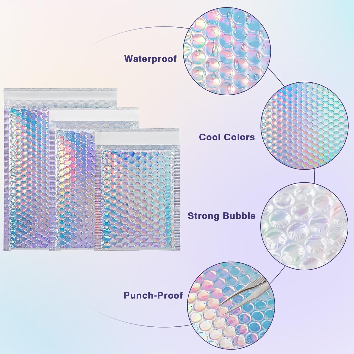 50 Pcs Metallic Bubble Mailers, 3 Sizes Holographic Bubble Mailer, Self Seal Waterproof Poly Padded Envelopes, Cushion Envelopes with 50 Thank You Cards for Mailing Packaging Small Business