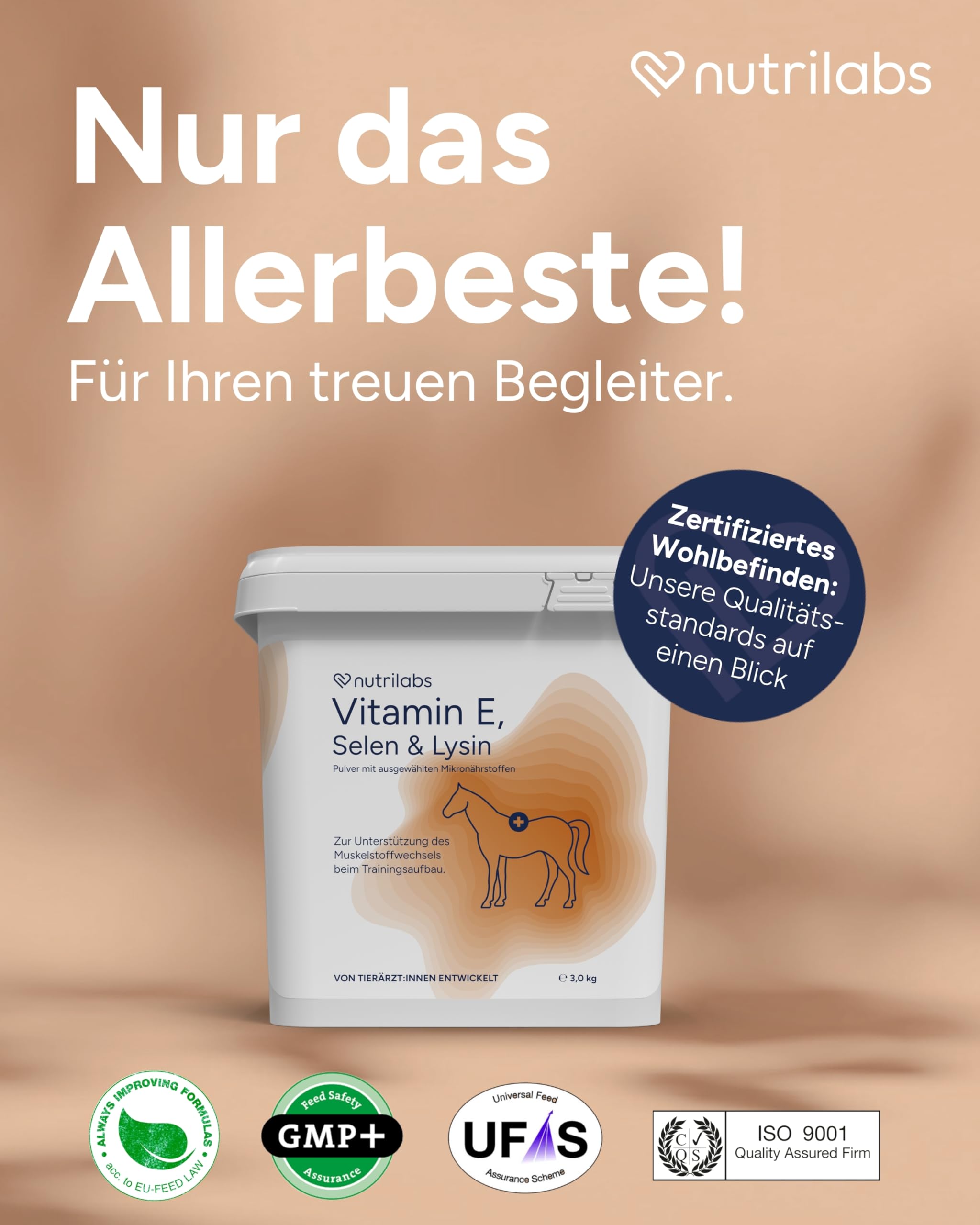 NutriLabs Vitamin E, Selen & Lysin Pulver für Sportpferde 3 kg - Pferdezusatzfutter - Selen für Pferde - Vitamin E Pferd - Sportpferde Nahrungsergänzung - Vitalstoffe für Sportpferde