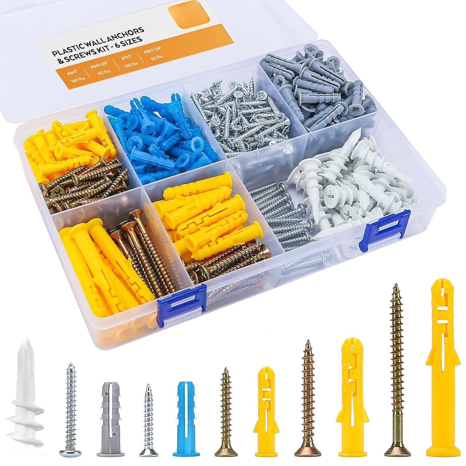 Kit de anclajes y tornillos de pared de plástico, 510 piezas, 6 tamaños, multicolor, juego de herrajes para paneles de yeso