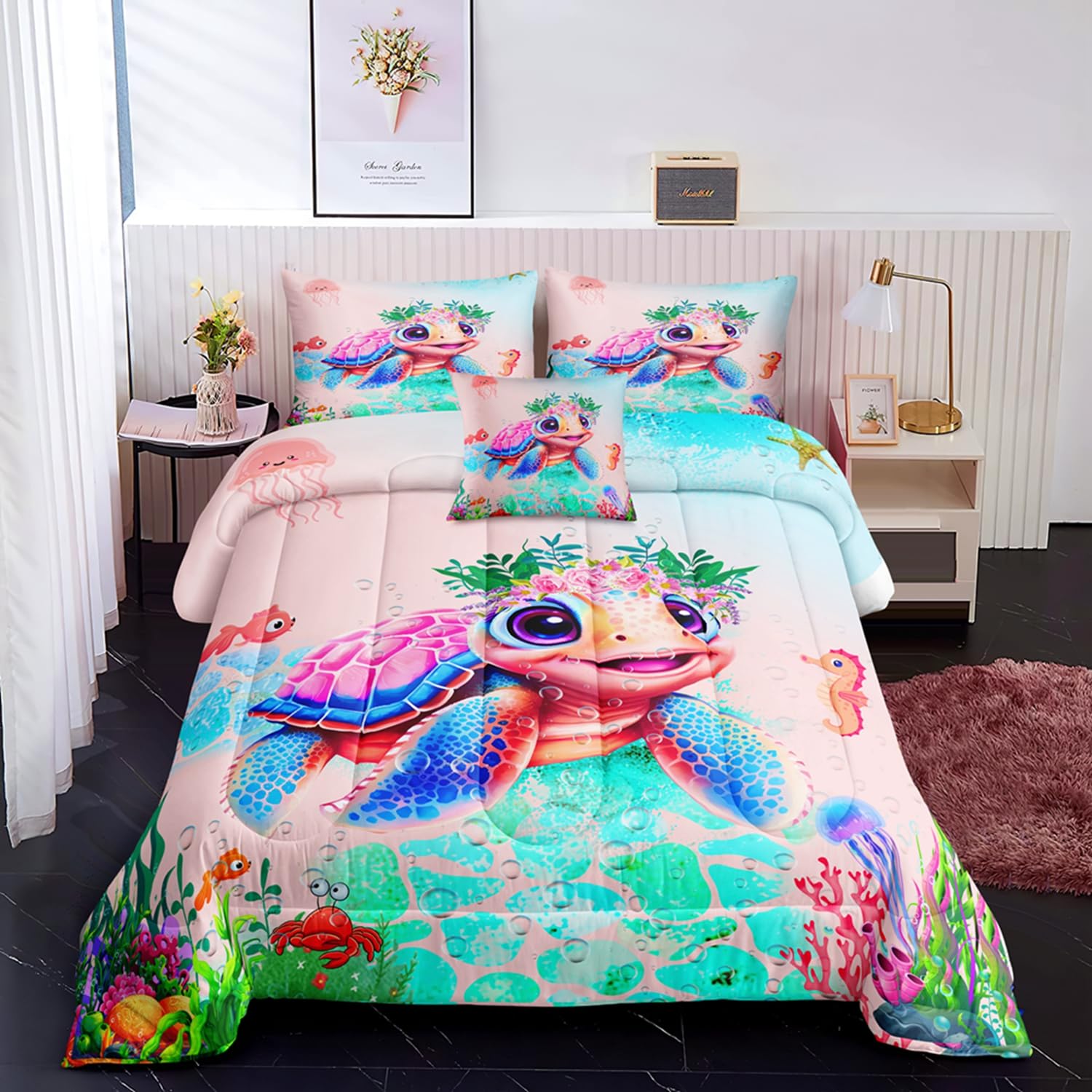 ROWADALO Pieces Sea Turtle Bed in a Bag Twin Size Ocean Theme Comforter  Set Ocean Theme Bedding Watercolor Fish Coral Sea Animal Bed Set for Girls