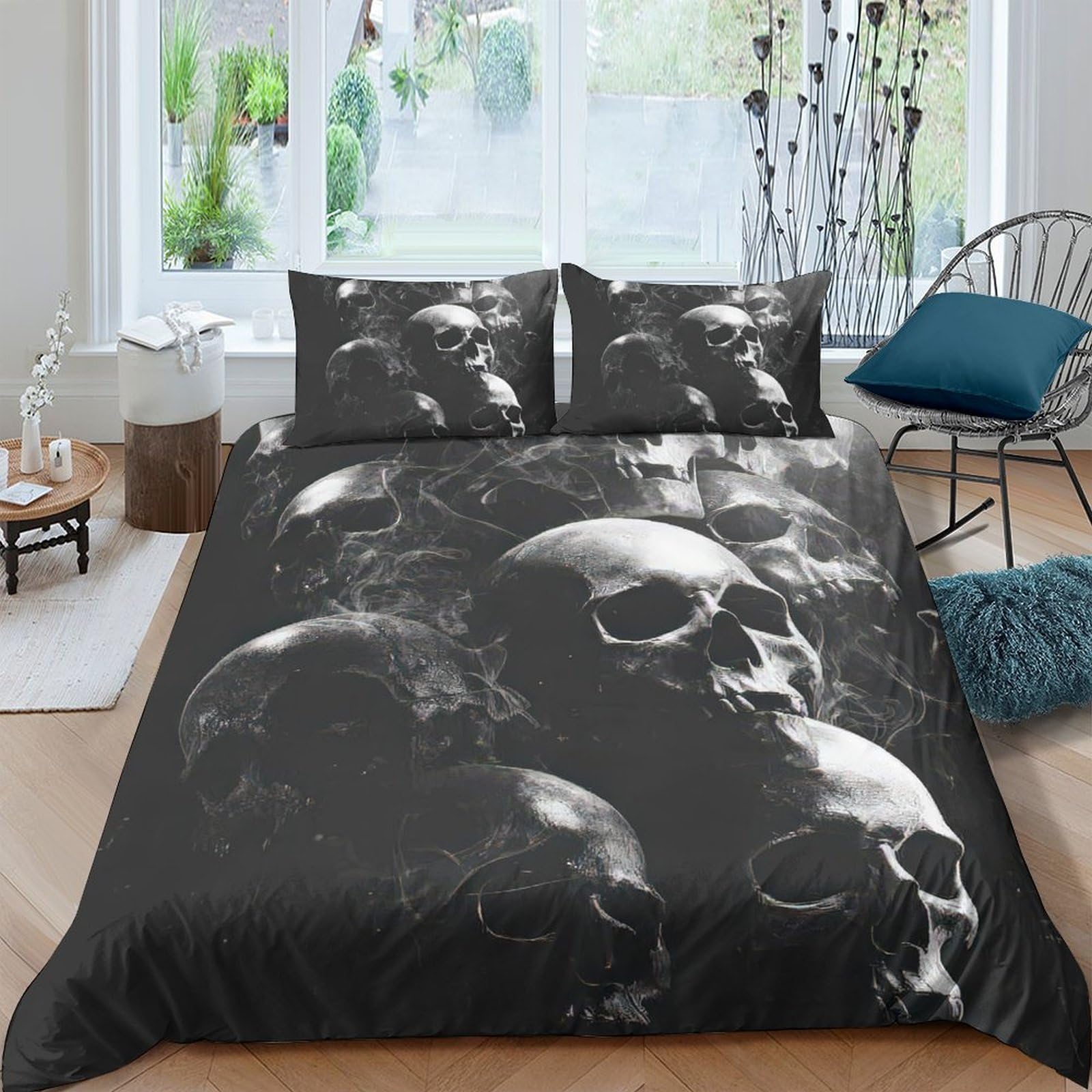 Ctjqhvkz Style-5 3D Printed Skull Smoke Fitted Sheet Microfiber Black Gothic Skeleton Mattress Cover For Bedroom Dorm Protection Decor Single（135X200cm）