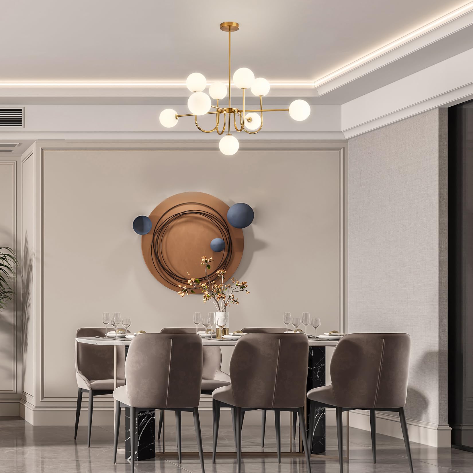 Moderne Sputnik Kronleuchter mit 9 weißen Glaskugeln, Gold Deckenleuchte, Vintage Pendelleuchte, halb eingebaute Deckenlampe für Wohnzimmer Schlafzimmer Küche und Esszimmer