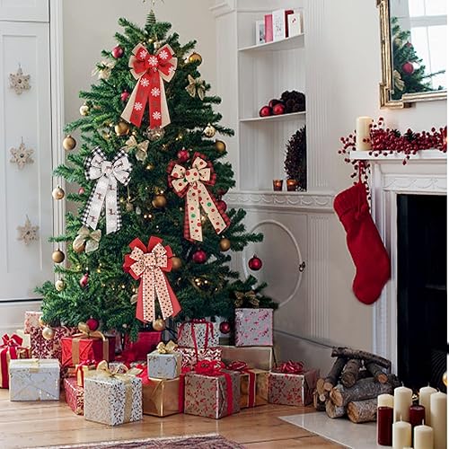 Miniatura 2 de Lucleag 4 lazos de corona de Navidad, 7.9 x 13.0 pulgadas, lazo de Navidad de lino con copos de nieve a cuadros grandes para decoración de Navidad,