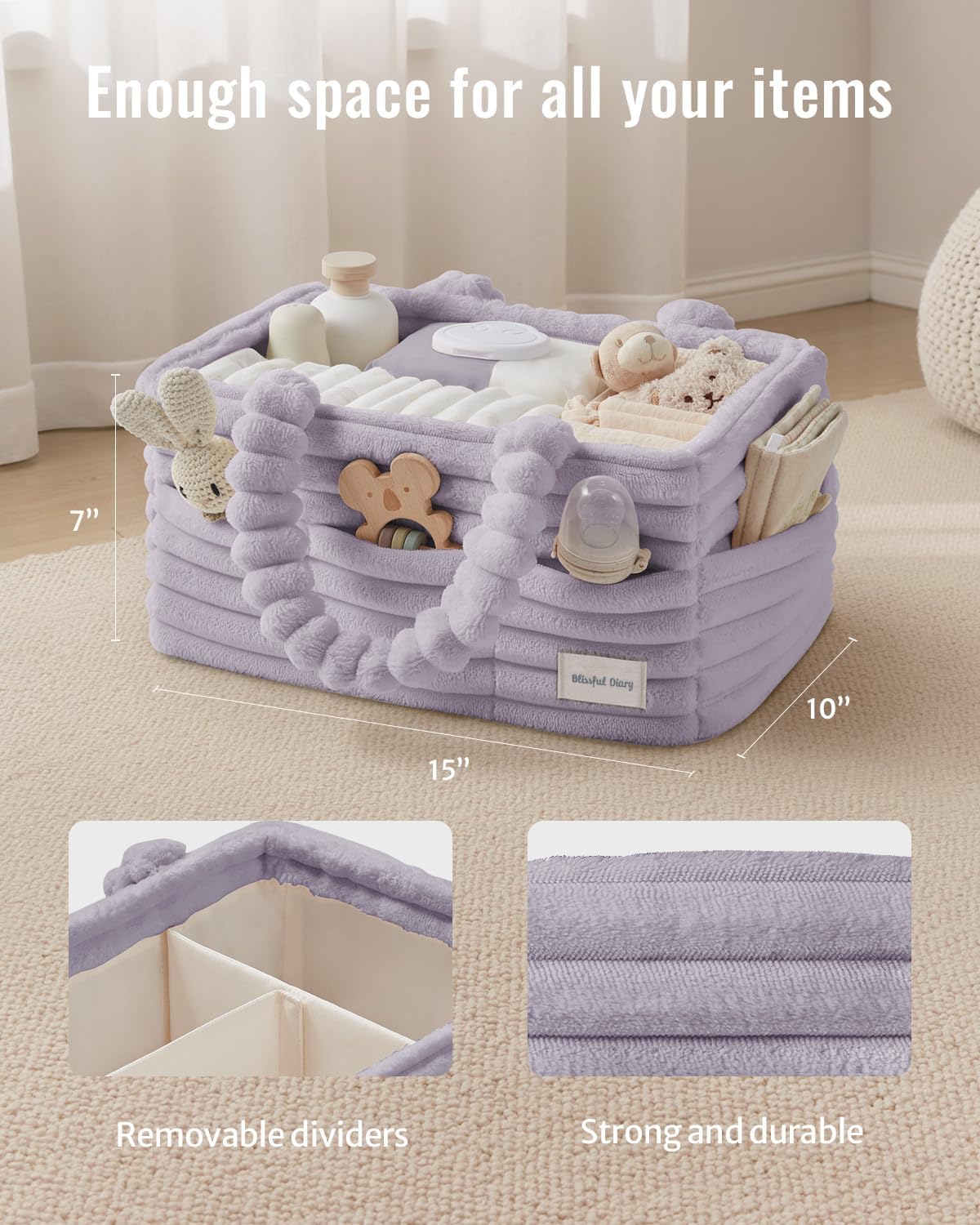  Flannel Diaper Caddy Organizer with Gift Packaging, Portable Nursery Storage Basket, Gift for Baby Shower, Newborn Boys & Girls Essentials, Registry Search Must Haves, Light Purple thumbnail