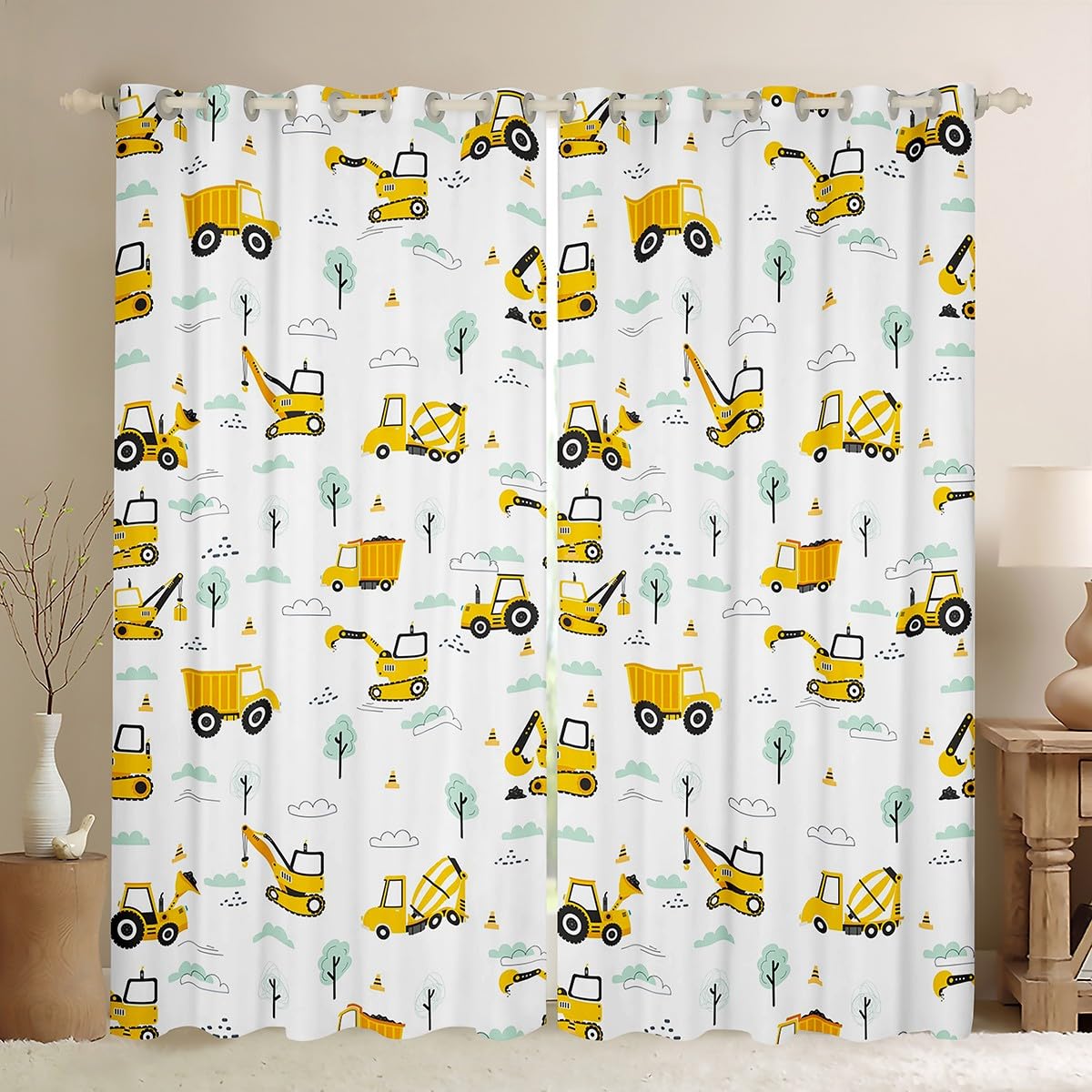 Homemissing Construction Vehicles Curtains for Bedroom Living Room Kids Excavator Blackout Curtains Boys Equipment Trucks Darkening Dreapes Cartoon Car Window Treatments Kawaii Cloudy W46*L54