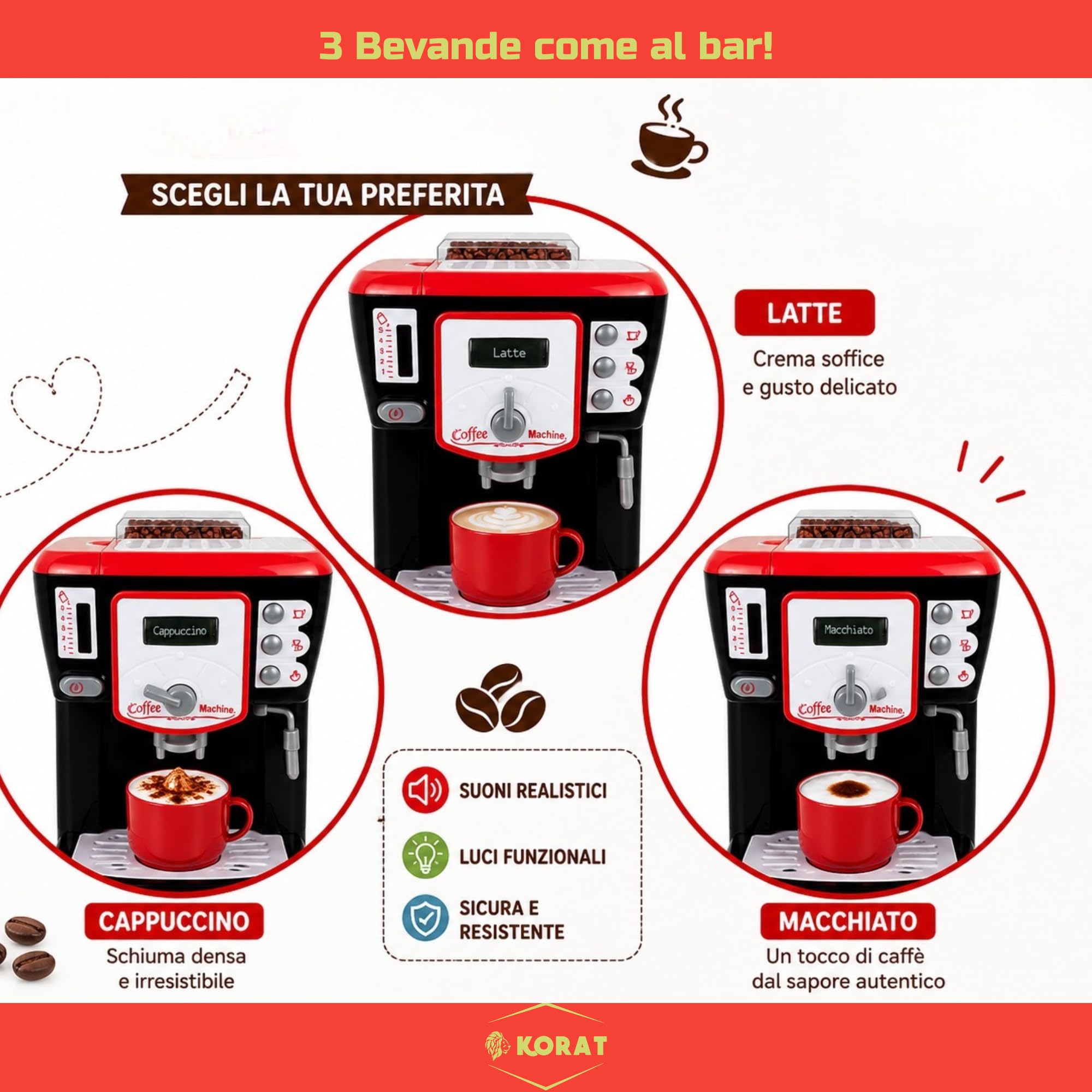 KORAT Macchina Caffè Giocattolo Bambini con Luci e Suoni, Effetto Vapore, Pulsanti Interattivi, Gioco Educativo di Ruolo in Plastica Sicura e Resistente, Dimensioni 19x11x24 cm 3+ Anni