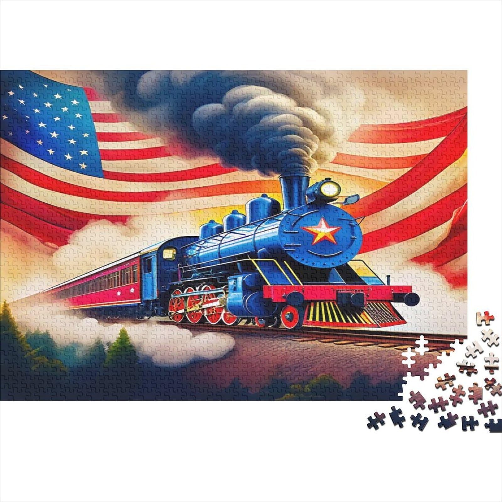 Steam Train Jigsaw Puzzle 1000 Piece Jigsaw Puzzle Classic Paper Puzzle for Adults Flag Background Family Leisure Focus Gift 38x26cm/1000pcs โ image 1