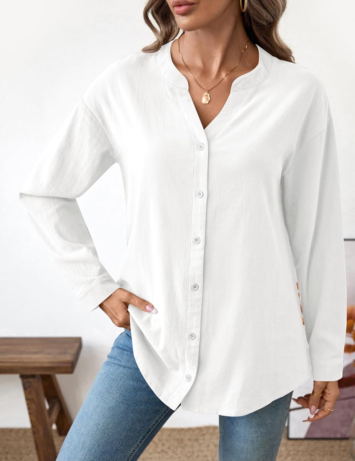 LOMON Button Down Shirts for Women Long Sleeve Cotton Button Up Shirt Linen V Neck Casual Loose Fall Tops Blouses - Image 4