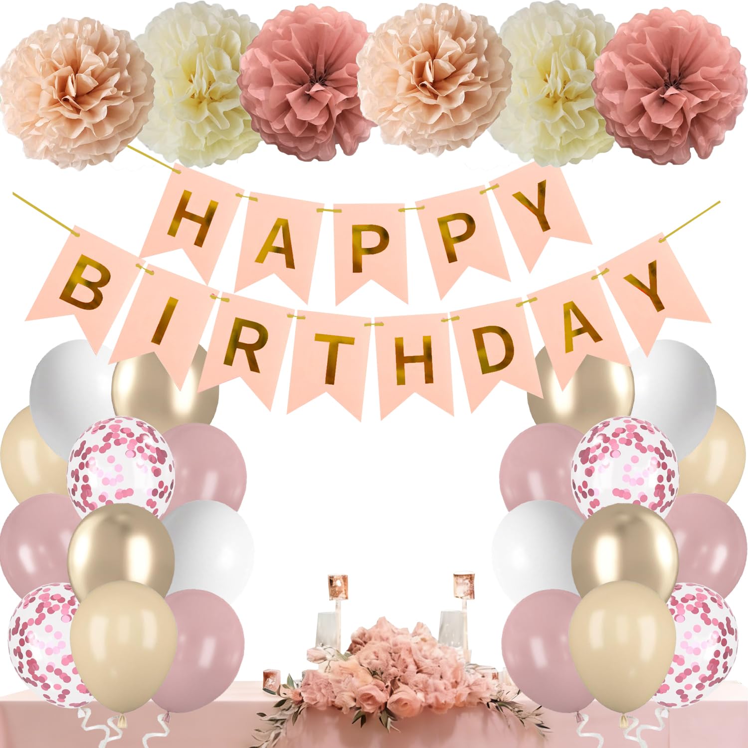 Geburtstagsdeko Rose, Champagne Gold Aprikose Retro Pink Set mit Happy Birthday Banner Konfetti Luftballons Papier Pompons für Babys Frauen Mädchen Männer Geburtstag Deko