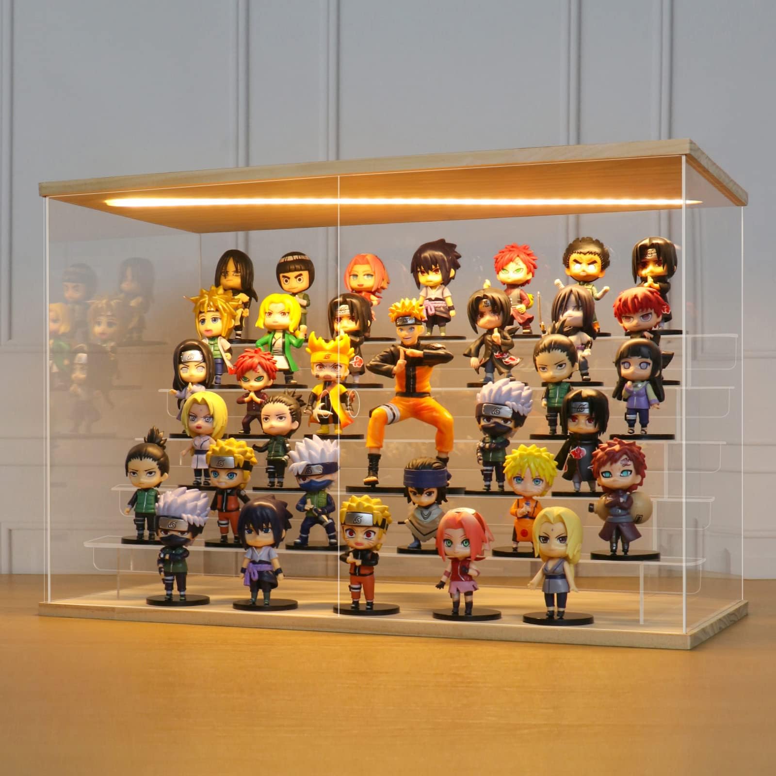 LANSCOERY LED Lighted Acrylic Display Case, 6 Tier Display Box for Collectibles and Action Figures, Clear Dustproof Organizer with Wooden Base – 22.8x11.9x14.7inch