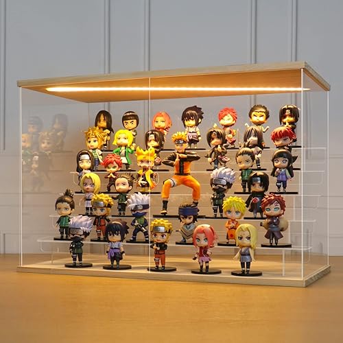 LANSCOERY Vitrina acrílica con luz LED, organización transparente de 6 niveles, caja de exhibición de madera a prueba de polvo, escaparate exclusivo