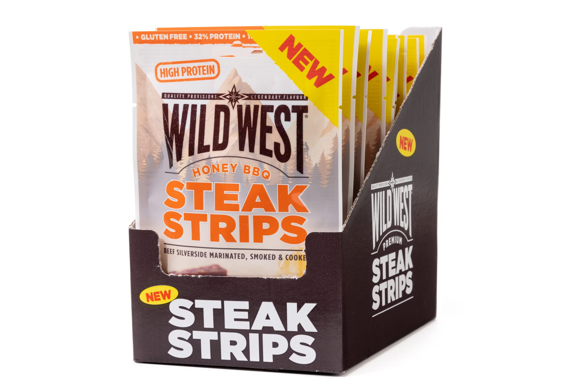 Wild West Steak Strips, 16x60g Honey BBQ, carne secca proteica, snack proteico Beef Jerky, carne essiccata di manzo
