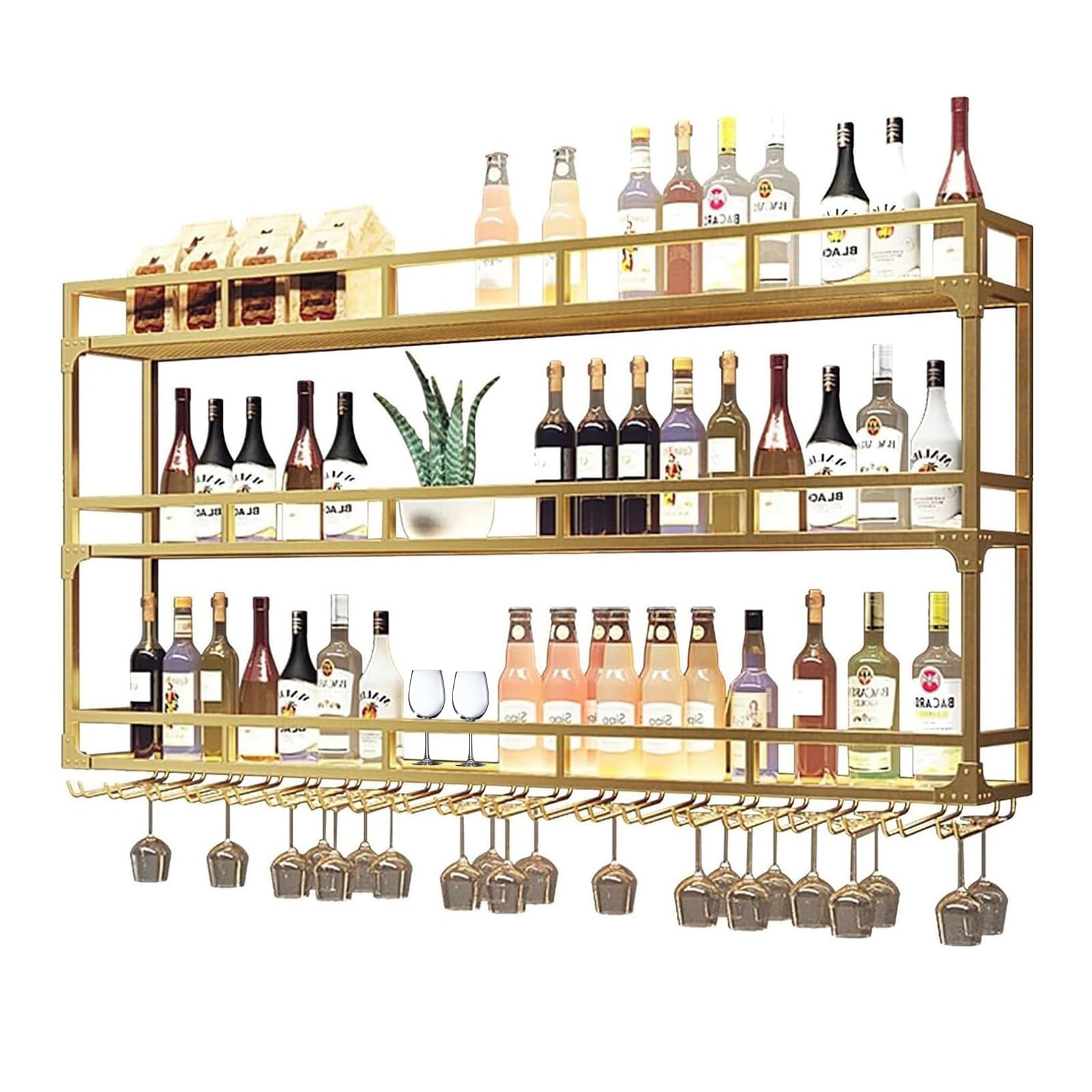 Étagère à vin murale anti-encombrement en métal pour sécuriser bouteilles et verres