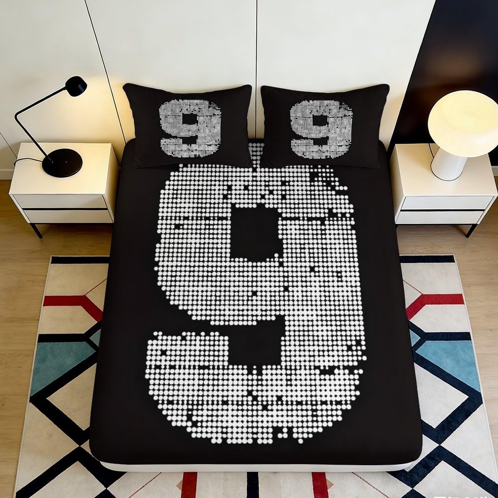 3D Printed bold number motif Fitted Sheet, soft touch Microfiber, wrinkle resistant, apartment bedding, guest room decor, black white design 90x200x25cm