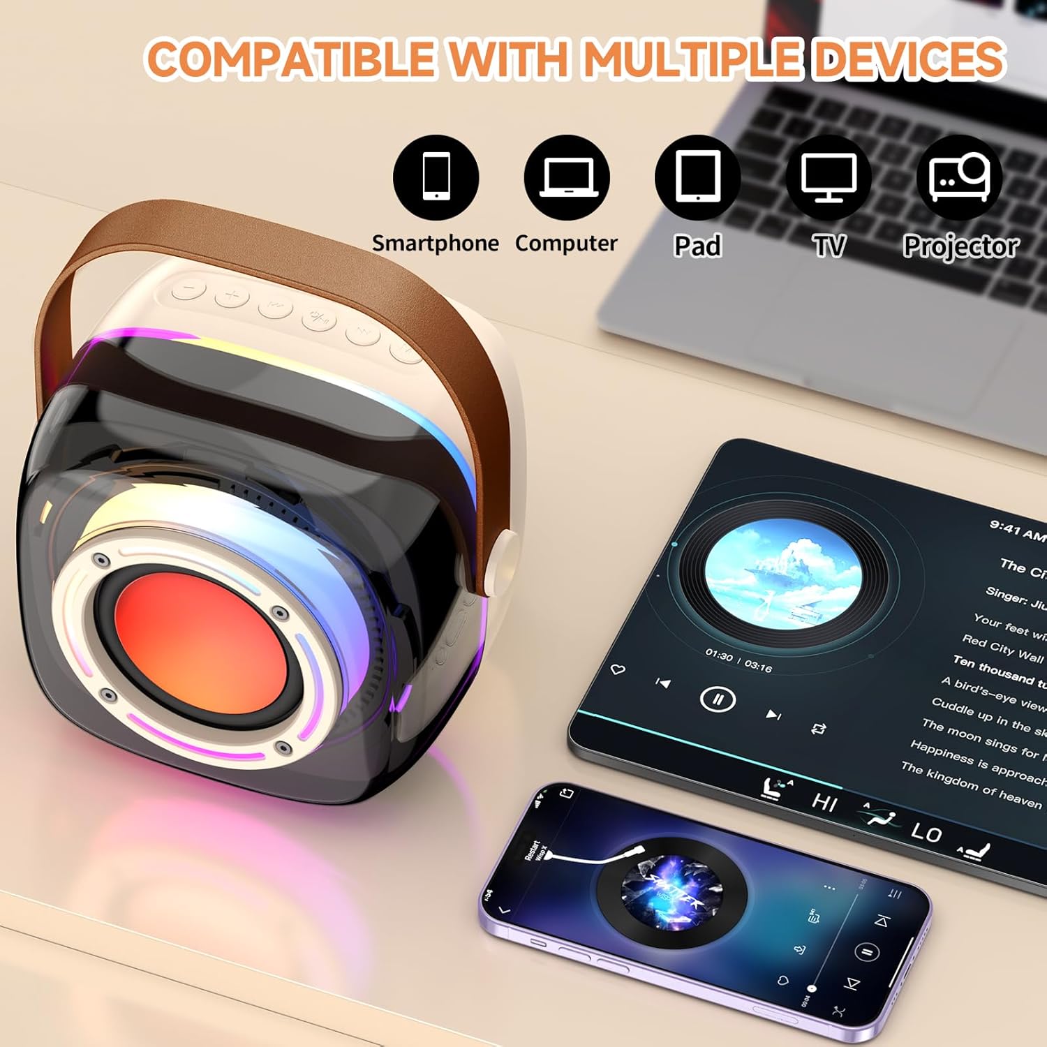 Karaoke Machine with 1 Wireless Mircophone for Adults Kids, Portable Bluetooth Karaoke Speaker with 3.5" Full-Range Speaker and Colorful LED Lights, Support USB/TF Card/AUX (1Mics) - Image 5