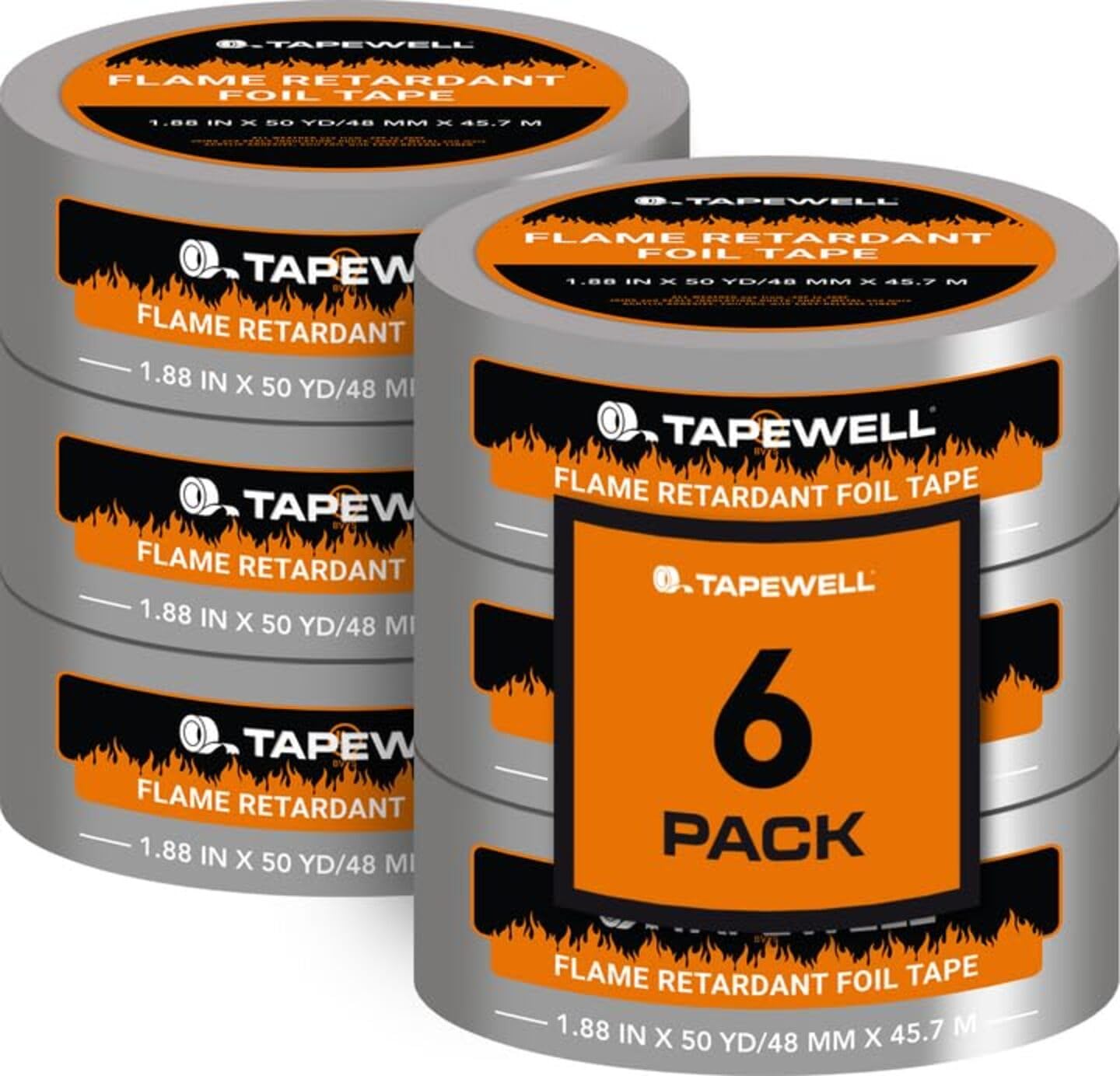 TAPEWELL Cinta de aluminio resistente, perfecta para cinta HVAC, ventilación de secadora, 2 pulgadas por 150 pies (50 yardas) 3.9 mil, paquete de 6