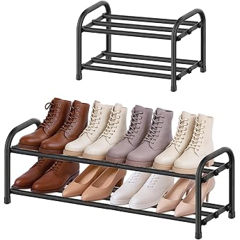 Shoe Rack Narrow Small Extendable 2 Tier Shoe Cabinet Black Metal Width 43-78cm for Wardrobes Narrow Spaces Hallways Entryways Bedrooms