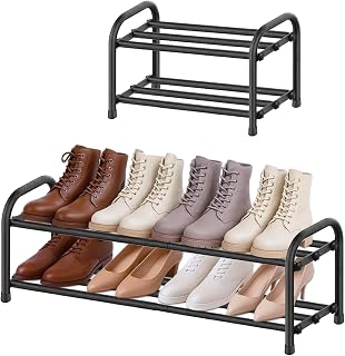 Adjustable Small Shoe Rack, Black Metal, 2 Shelves | shoe racks adjustable width 45-80cm, mounting time 5 minutes, freestanding shoe covers for closet, bedroom or outdoor