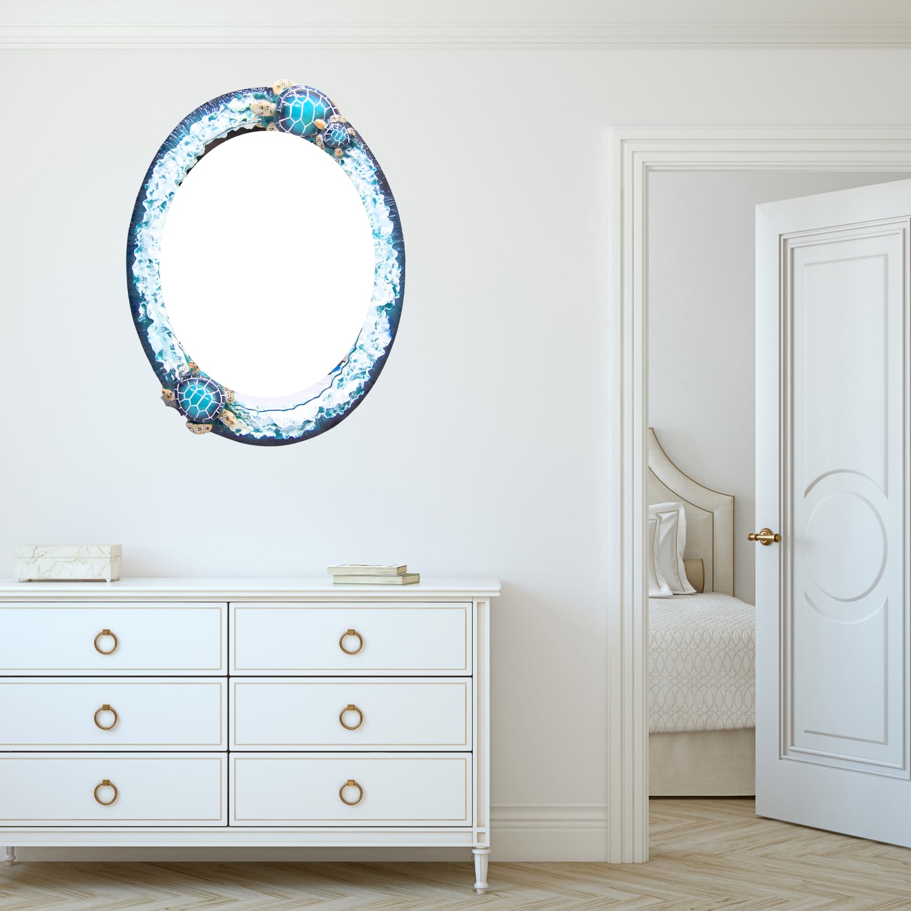 Blue Sea Turtle Framed Mirror, Unique Wall Hanging Mirror, Nautical Home Decoration, 18.5 Inches
