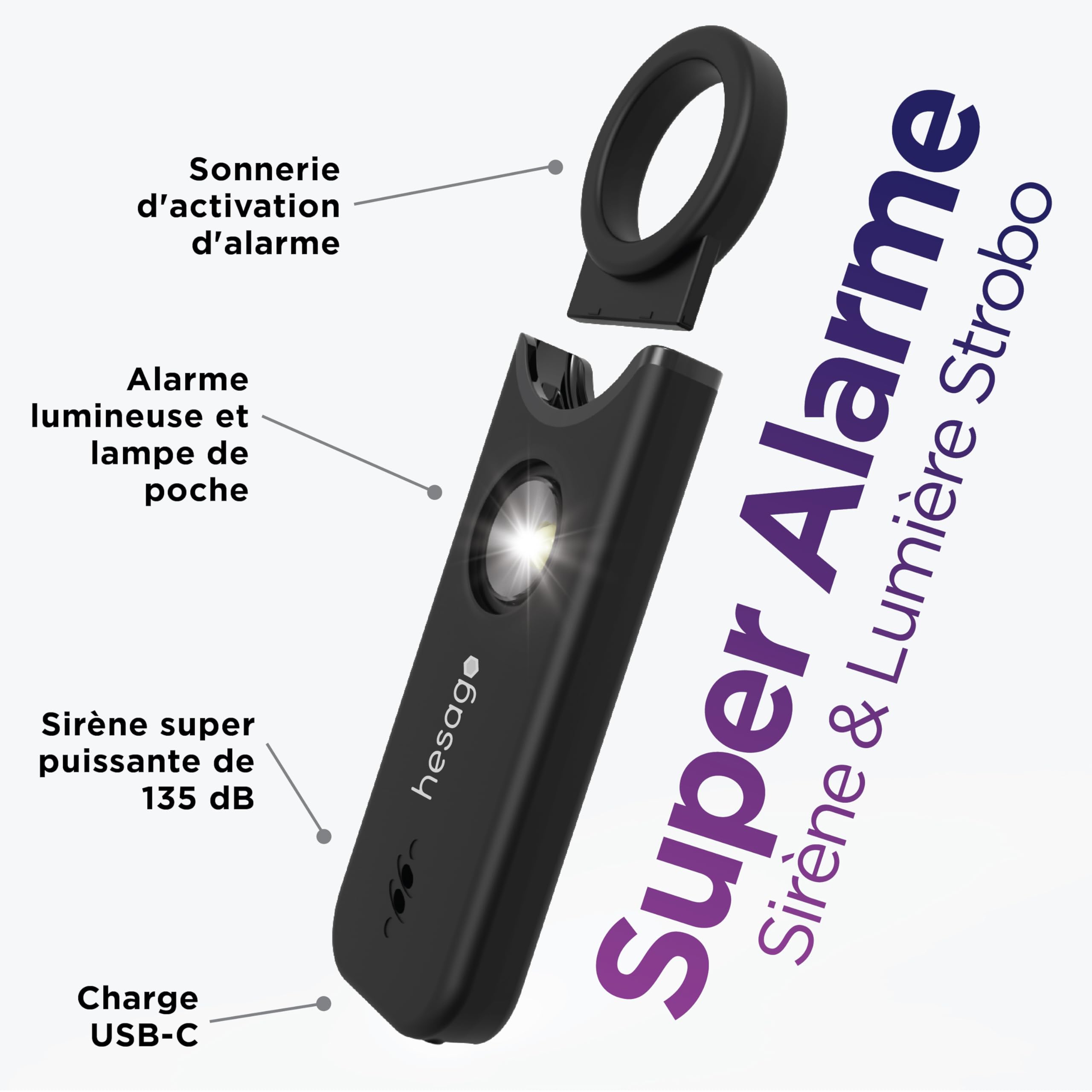 SnapSiren: Alarme Personnelle Anti-Agression 135dB pour Femme - Sifflet de Défense Électronique avec Lampe et Détecteur de Mouvement - Kit de Sécurité Portable (Noir)