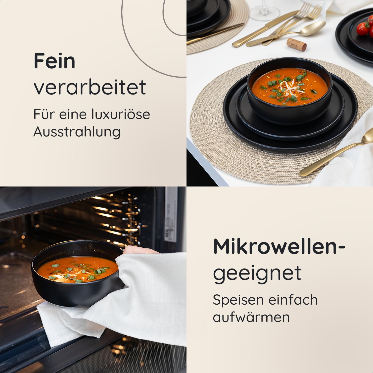 Geschirrset 24 teilig für 6 Personen, Modernes Steingut Tafelservice im Japandi Stil, Schwarzes Geschirr Set mit Tellern, Schalen & Tassen, Teller Steinzeug, Kombiservice 6 Personen & Tafelgeschirr