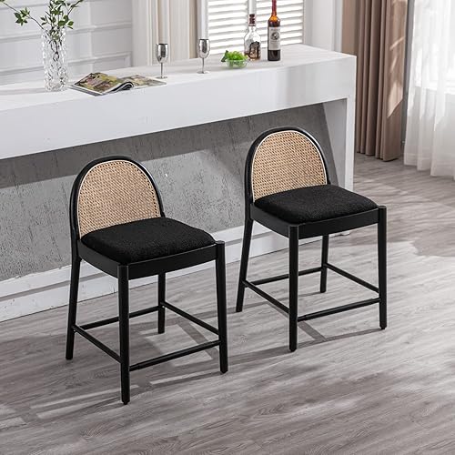 Miniatura 8 de DUOMAY Juego de 2 taburetes de bar modernos, taburetes de altura de mostrador de 26 pulgadas con respaldo de ratán, silla de isla de cocina tapizada
