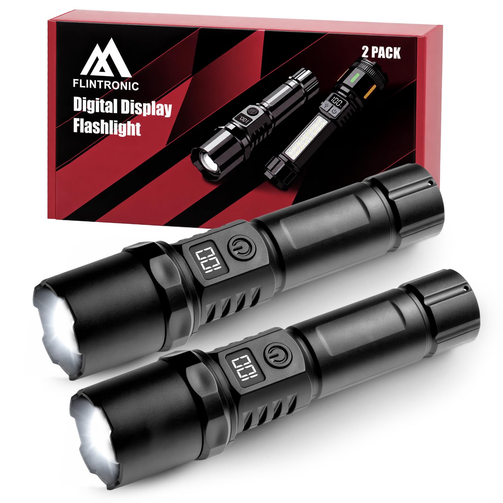 flintronic LED Torch Rechargeable, 2PCS Super Bright Flashlight, 3 Modes, Adjustable Focus, High Lumens with LCD Display, Long Lasting Powerful Waterproof Torches for Camping Hiking
