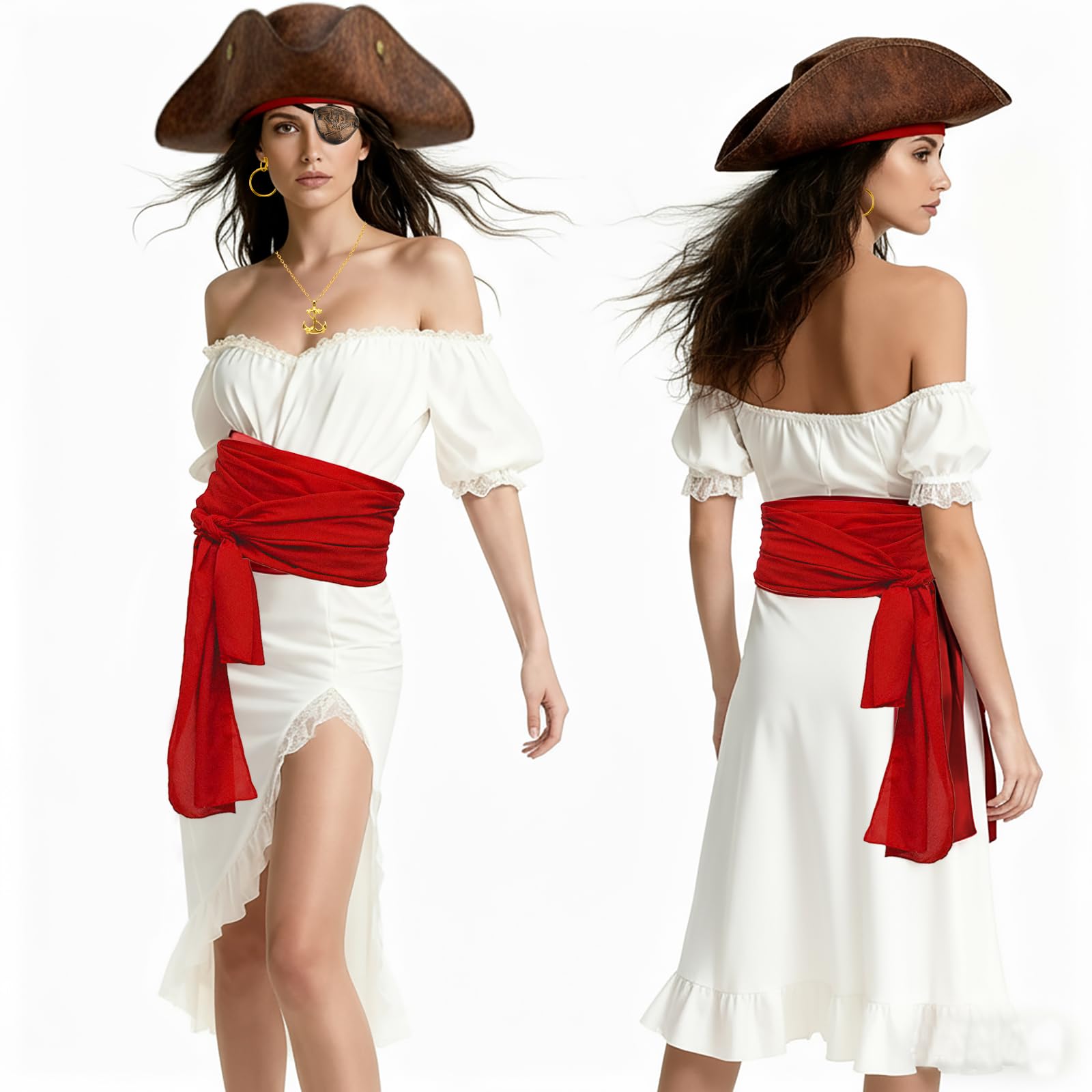 Halloween Pirate Costume Set including Pirate Hat, Red Waist Scarf; Telescope; Anchor Necklace - Image 4