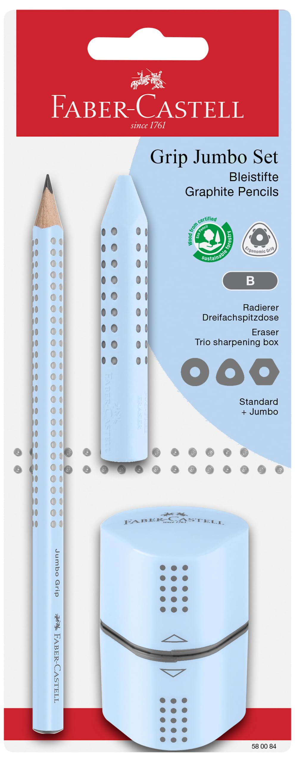 Faber-Castell 580084 - Juego de lápices azul cielo de 3 piezas, con lápiz Jumbo B, sacapuntas y goma de borrar