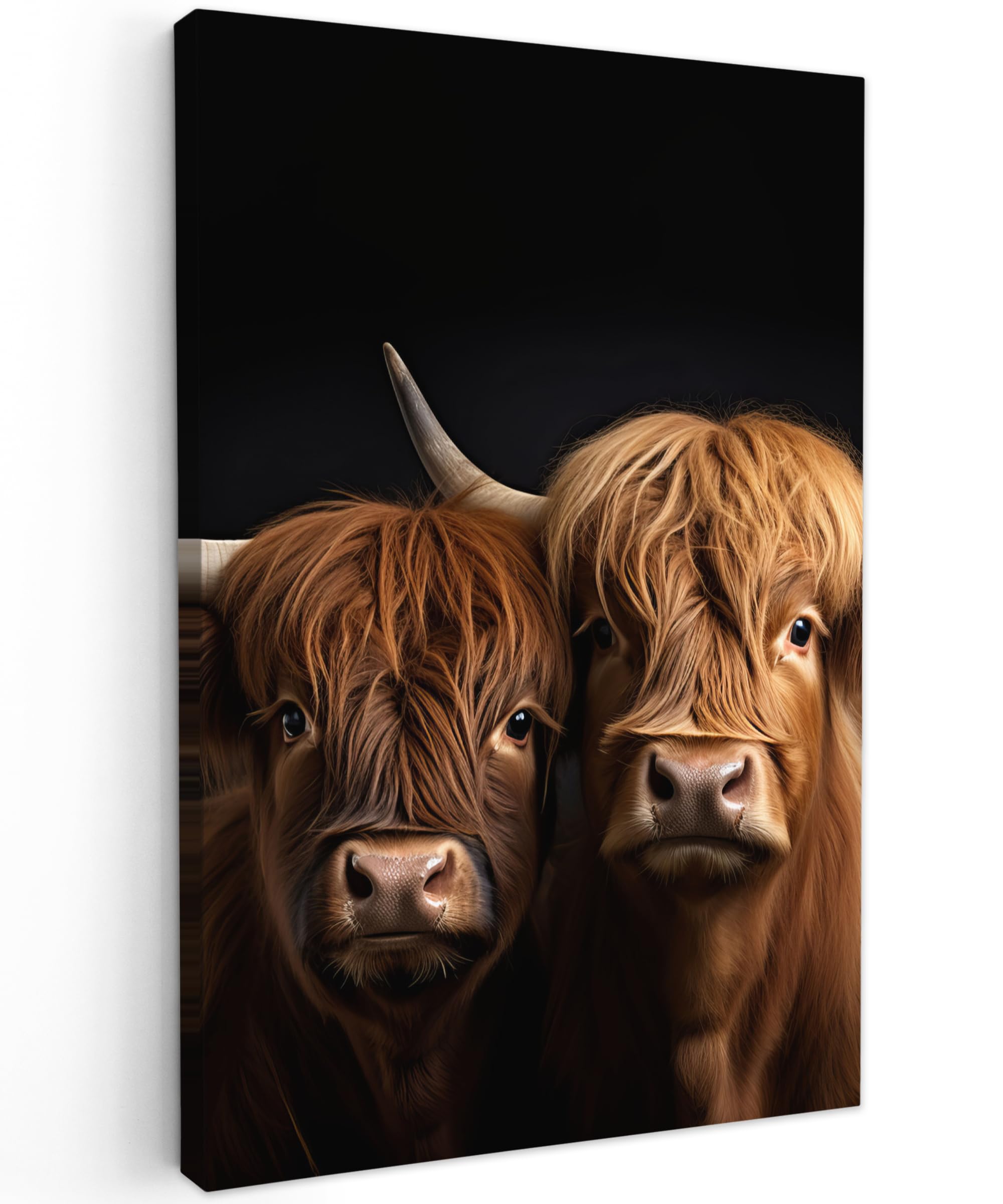 MuchoWow© Leinwände Groß 80x120 cm XXL Wall Decoration Bilder für die Wand Schlafzimmer Deko Pictures Canvas Painting Wanddekoration Wohnzimmer Schottische Hochlandrind - Kälber - Schwarz - Kuh