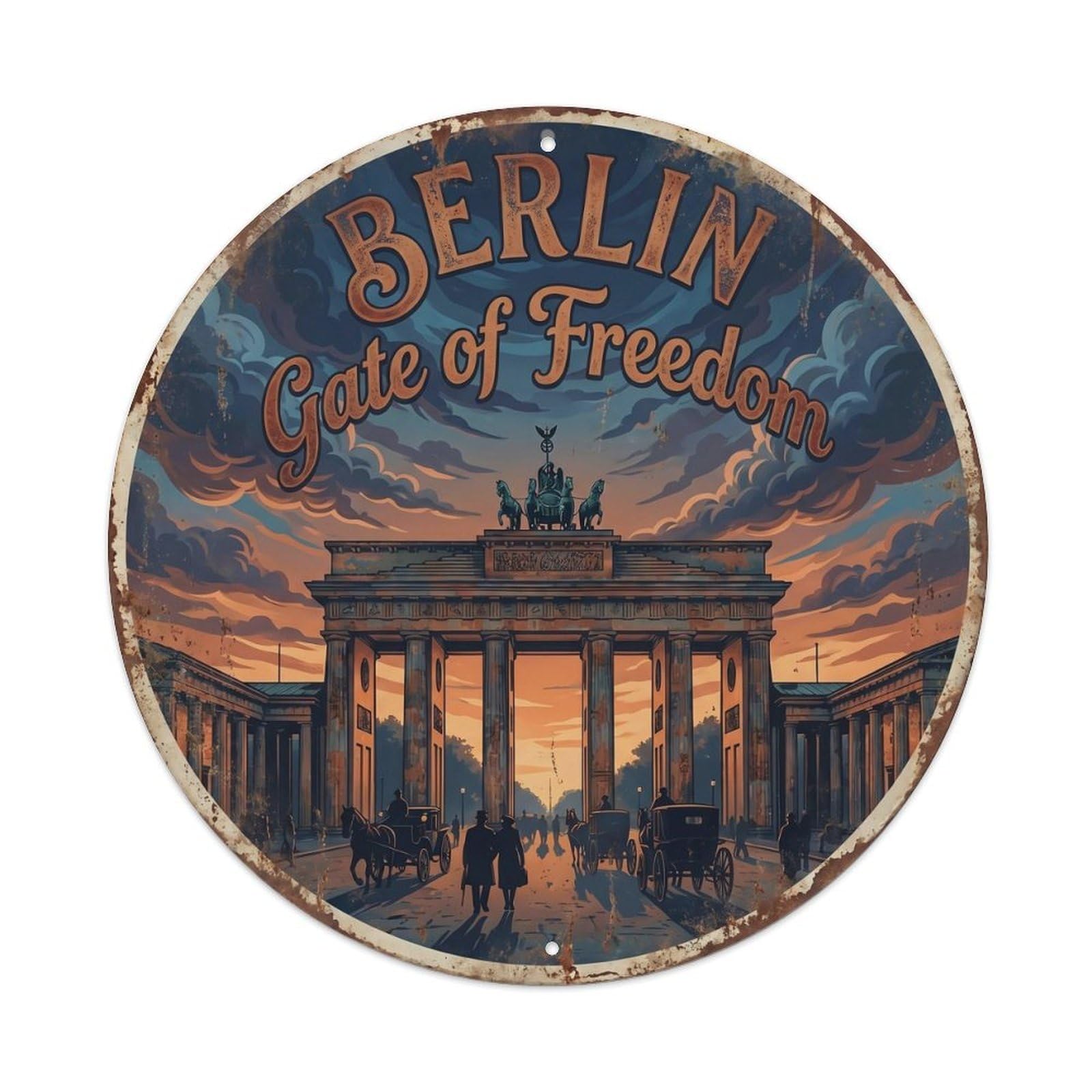 Vintage Travel Brandenburg Gate Dusk Berlin Metal Tin Sign Plaque Wall Decor for Cafe, Club, Garden Round Metal Poster 8x8Inch