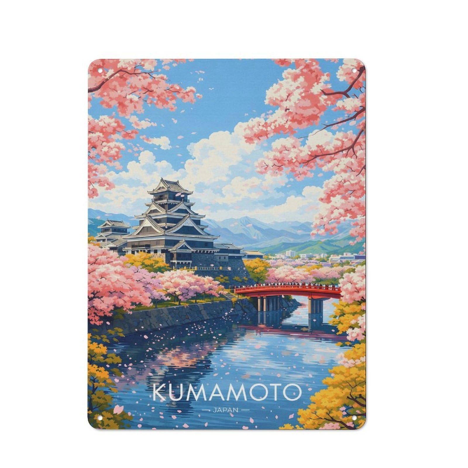 Kumamoto Castle with Cherry Blossoms Decorative Tin Plaque 40x30cm, Decorative Novelty Wall Art for Hallway, Home Bar, Garage Or Study