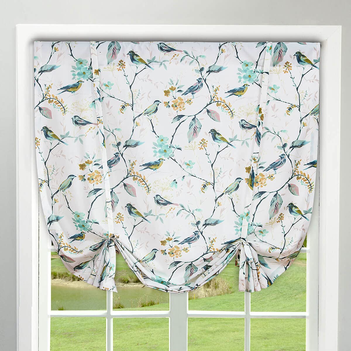 VOGOL Tie Up Shades for Kitchen, Birds and Floral Print Tie-Up Curtains for Kitchen Windows Adjustable Rod Pocket 63 Inch Length Adjustable Balloon Shades for Bathroom Small Cafe, One Piece