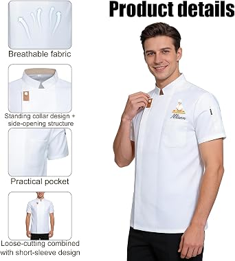 Personalised Chef Jacket, Custom Printed with Photo Name Text, Short Sleeve Breathable Chef Coat for Men Women, Custom Cooking Tunic with Pockets, Personalise Your Own Kitchen Work Uniform