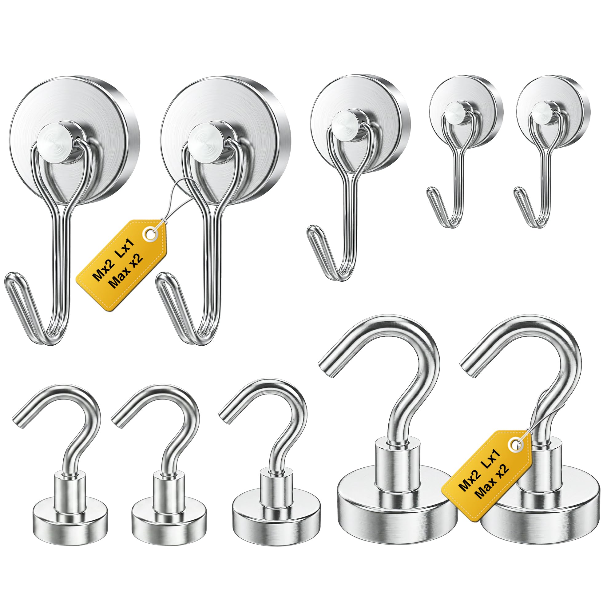 Ganci magnetici, dimensioni miste, confezione da 10 pezzi, colore argento, resistenti, per frigorifero, cabina da crociera, barbecue all'aperto, cucina e garage (Medium 4 + Large 2 + Max 4)