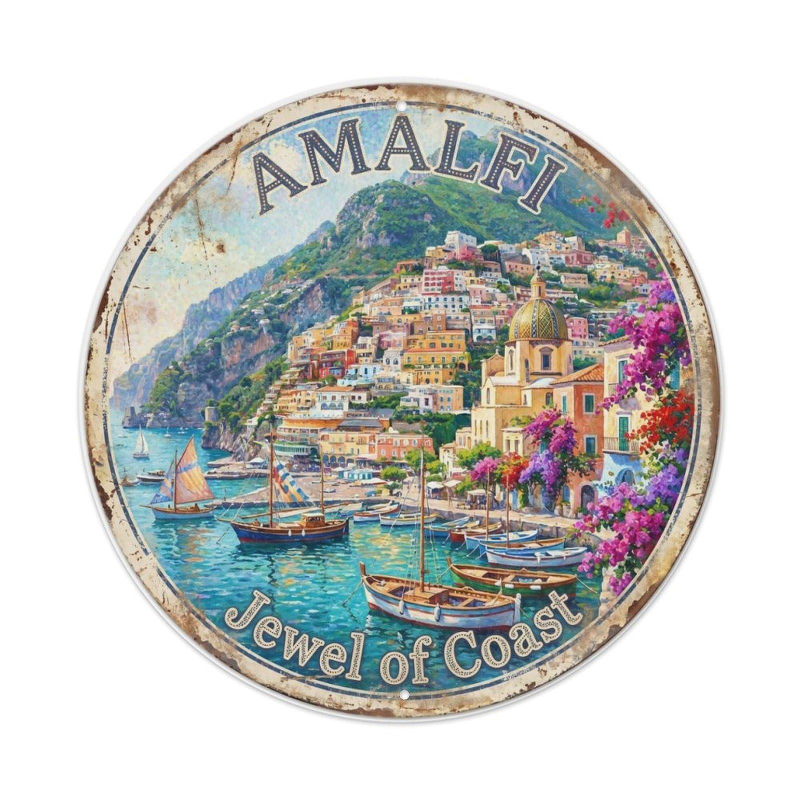 Vintage Travel Town Amalfi Mediterranean Metal Tin Sign Plaque Wall Decor for Cafe, Club Bar, Office, Home Garden Round Metal Poster 8x8Inch