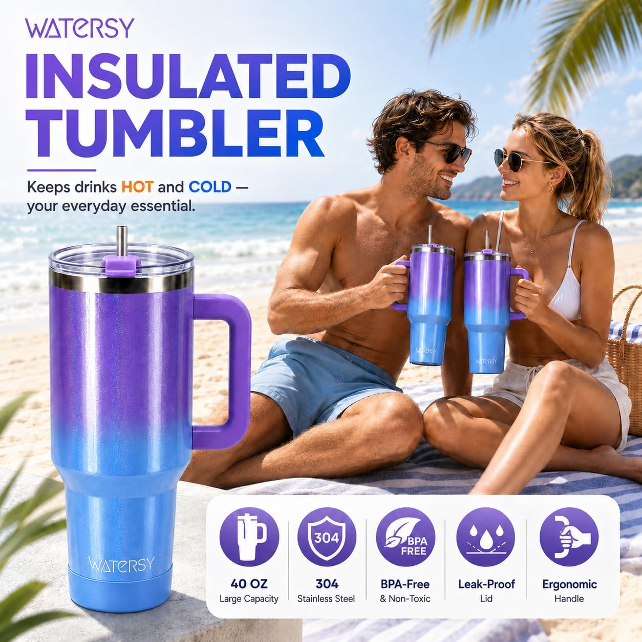 1.2L Insulated Mug with Handle and Straw, Double Walled Stainless Steel Coffee Mug to Carry (Keeps Cold for 34 Hours), Vacuum Cup for Tea, Cold Drinks and image 2