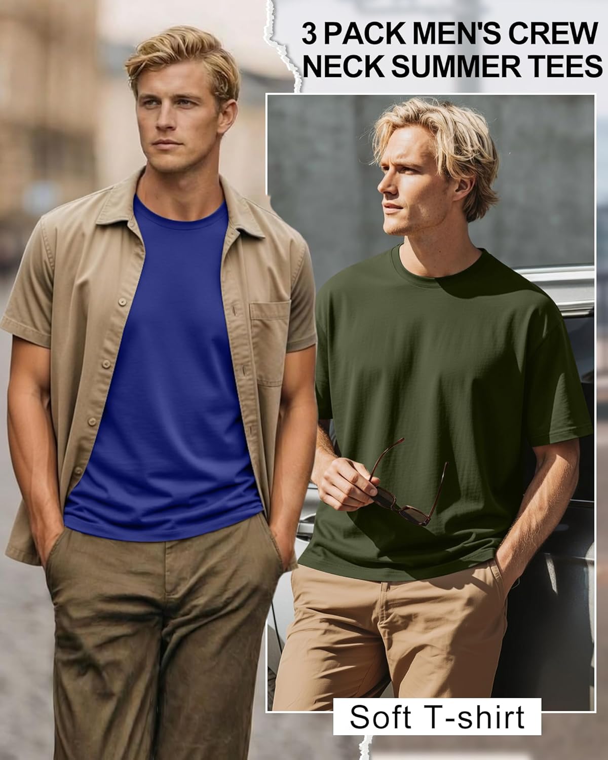 Ficerd 3 Pack Mens Short Sleeve Shirts Crew Neck Cotton Casual Shirts Summer Baggy Soft Basic Tops